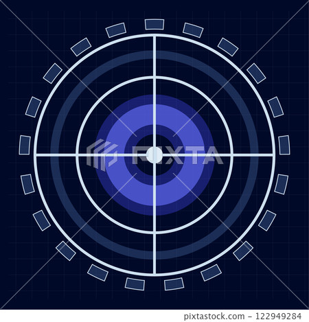 Futuristic head up display - HUD - interface featuring a target with concentric circles, crosshair, and digital infographic elements for data analysis and technology concepts 122949284