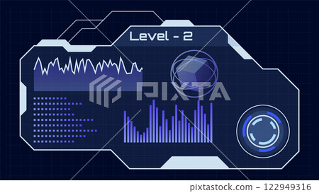 Futuristic hud interface showing level 2 with charts, loading diagnostic display, digital infographic ui elements and a rotating cube on a grid background vector illustration Futuristic hud interface showing level 2 with charts, loading diagnostic display, digital infographic ui elements and a rotating cube on a grid background vector illustration 122949316