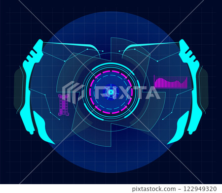 Futuristic virtual screen with a circular target and various indicators using hud technology, ideal for video games or science fiction movies, representing a futuristic interface Futuristic virtual screen with a circular target and various indicators using hud technology, ideal for video games or science fiction movies, representing a futuristic interface 122949320