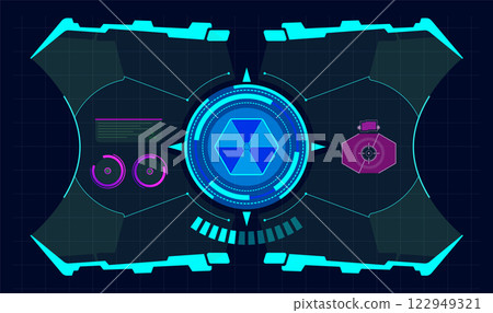 Futuristic virtual screen showing a radiation symbol and a target, hud technology frame, virtual tracking aim, hud digital interfaces, computer hud display 122949321