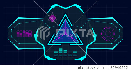 Futuristic virtual screen featuring a central glowing triangle with various digital elements and indicators against a dark grid backdrop, embodying advanced technology and data analysis 122949322