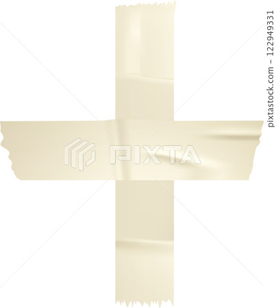 Two pieces of beige adhesive tape forming a cross or plus sign, stuck firmly on a clean white background, create a striking yet minimalist visual element perfect for various uses 122949331