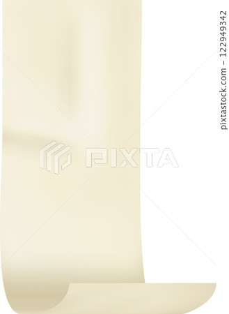 Realistic vertical adhesive tape with a curled bottom edge, hanging gracefully against a white background, creates a simple yet visually appealing design element for various uses 122949342
