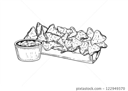Nachos heap in takeaway cardboard dish and bowl with guacamole vector hand drawn illustration. Mexican traditional triangle corn chips with sauce. Fast food snack for menu design, branding design 122949370