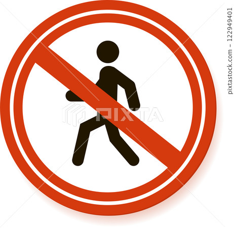 Red and white no pedestrian access sign, featuring a stick figure crossed out, conveying a clear message of restricted walking in a specific area, emphasizing safety and traffic regulations 122949401