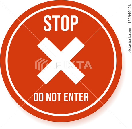 Round red stop sign with white cross and do not enter writing, communicating prohibition, warning, and driving directions for safety and traffic regulation 122949408