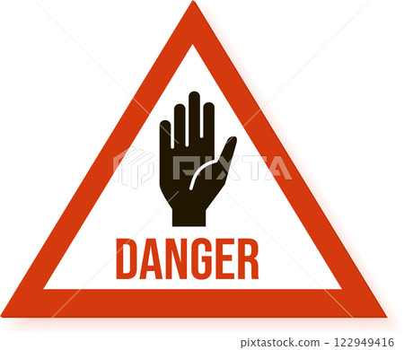 Red triangular danger warning sign featuring a hand signaling to stop, conveying a message of caution, safety, and restricted access, ideal for various hazard communication purposes 122949416