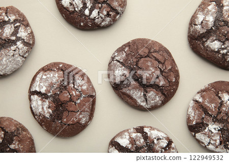 Soft dark chocolate brownie cookies on grey background. 122949532