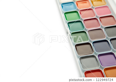 Watercolor paints in box isolated on white background with clipping path Watercolor paints in box isolated on white background with clipping path 122949724