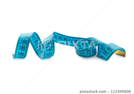 Blue plastic measure tape with metric scale isolated on white background. 122949806