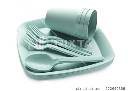 Bright plastic disposable tableware isolated on white background. Top view 122949866