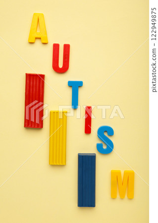 Autism. Autism spectrum disorder. Autism word made with playdough on beige background. Vertical photo 122949875