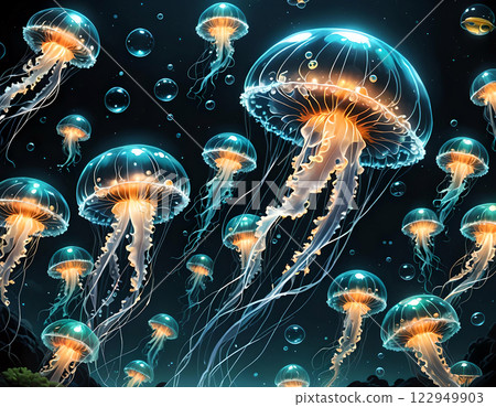 Swarm of jellyfish floating under the surface 122949903