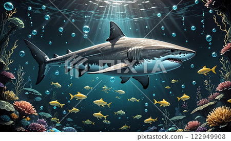 Large shark swimming under the sea surface 122949908