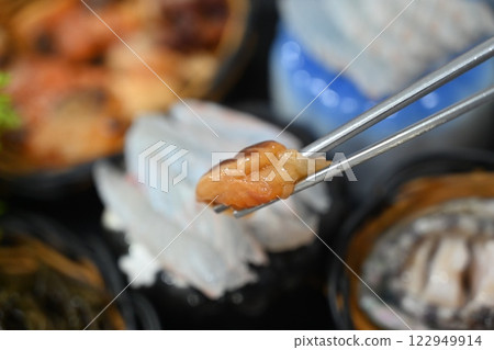 Korean seafood dish. Raw sea squirt sashimi Korean seafood dish. Raw sea squirt sashimi 122949914