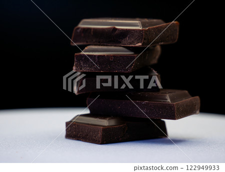 Stack of Dark Chocolate Squares on a Dark Background Close-Up Stack of Dark Chocolate Squares on a Dark Background Close-Up 122949933