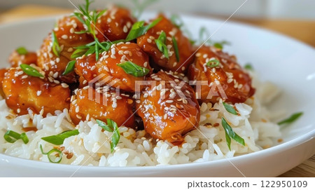 A hearty serving of sesame chicken with a sweet glaze, paired with fluffy rice to complete this comforting dish. A hearty serving of sesame chicken with a sweet glaze, paired with fluffy rice to complete this comforting dish. 122950109
