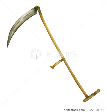 Scythe, tool for mowing grass, harvesting. Garden tool hand drawn in watercolor and isolated on white background. Watercolor illustration. Suitable for package design, festival, Halloween. Scythe, tool for mowing grass, harvesting. Garden tool hand drawn in watercolor and isolated on white background. Watercolor illustration. Suitable for package design, festival, Halloween. 122950145