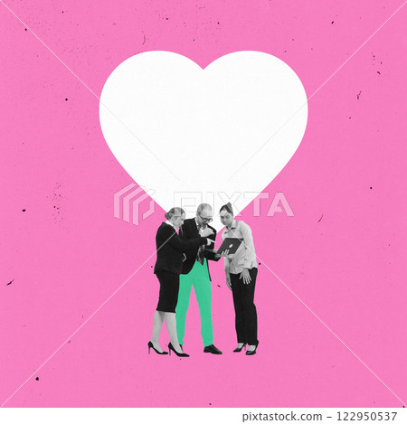 Contemporary art collage. Business professionals, standing together, discussing over laptop against pink background with large heart icon. Contemporary art collage. Business professionals, standing together, discussing over laptop against pink background with large heart icon. 122950537