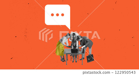 Contemporary art collage. Group of business professionals, gathered around laptop on table, discussing ideas against orange background with white chat bubble 122950543