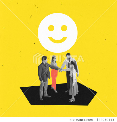 Contemporary art collage. Group of people, business partners, standing stack hand on hand against sunny yellow background with smiling icon above. Contemporary art collage. Group of people, business partners, standing stack hand on hand against sunny yellow background with smiling icon above. 122950553