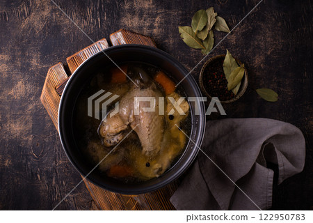 Chicken broth soup or bouillon in pan Chicken broth soup or bouillon in pan 122950783