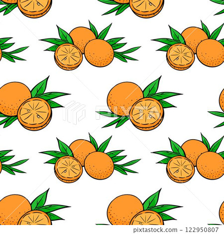 Seamless pattern of fresh oranges with leaves 122950807
