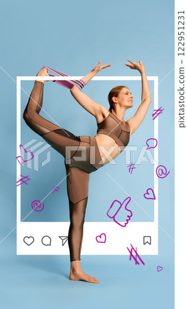 Contemporary art collage. Flexible woman in yoga pose stretching leg with resistance band against blue background filled with digital icons. 122951231