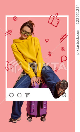 Contemporary art collage. Young woman in casual outfit sitting on suitcase with playful pose against pink background filled with social media icons. 122951234