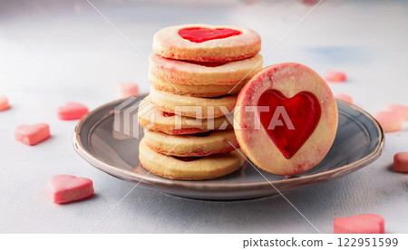 Delicious Stacked Butter Cookies Shaped as Love Hearts Filled wi 122951599
