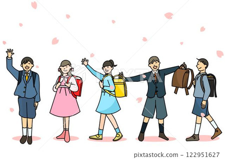 Children walking with cherry blossoms - full body - elementary school student graduation and enrollment simple line drawing vector illustration material 122951627
