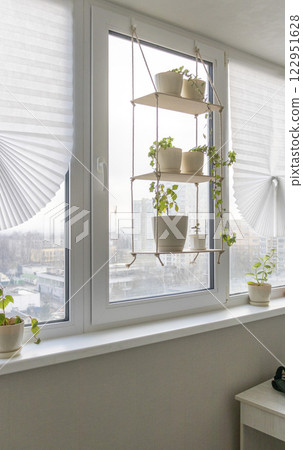 Decorative shelf with flower pots on it by the window 122951628