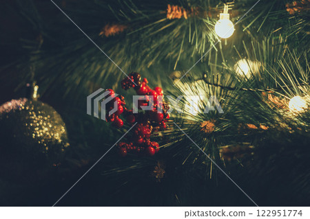 Christmas Tree with Book and Nativity Scene Festive Holiday Decorations and Cozy Seasonal Atmosphere. High quality photo 122951774
