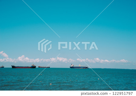 Vung Tau Beach with Blue Sky Flowers and Mother Mary Statue Scenic Coastal View with Coffee Shop Nearby High quality photo 122951797