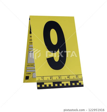 Marker of Crime Scene, Number 9 on transparent background. High quality photo 122951916