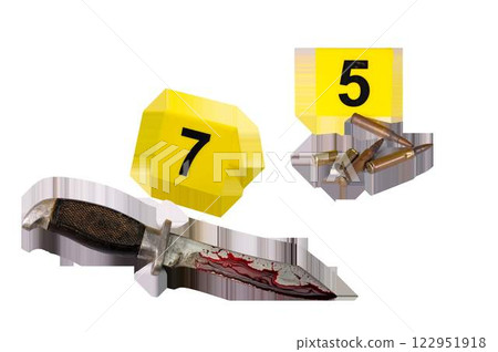 A combat knife covered in blood and cartridges with shell casings at the crime scene, yellow markers with numbers are installed nearby. Transparent background. High quality photo 122951918