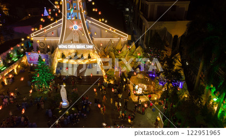 Binh An Church at Christmas Aerial Flycam View with Stunning Festive Lighting 122951965