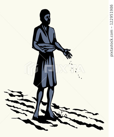 Vector drawing. A man sowing wheat 122951986