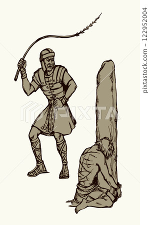 Vector drawing. Beaten man tied to a pole 122952004