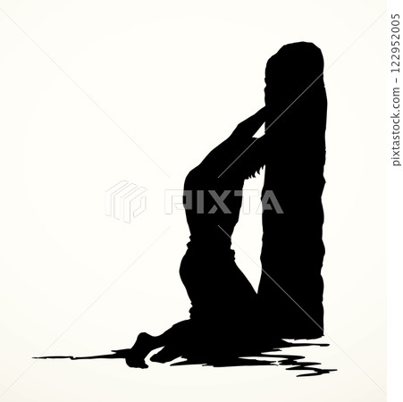 Vector drawing. Beaten man tied to a pole 122952005