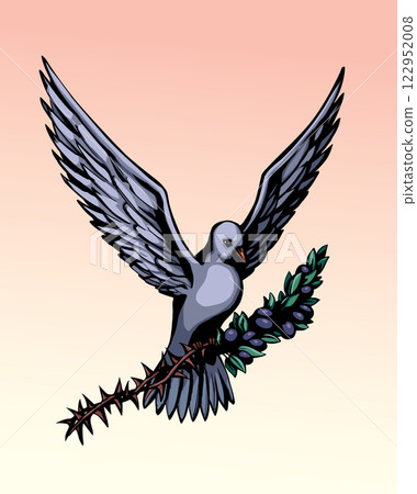 Vector drawing. Dove turn thorn branch into olife fruits 122952008