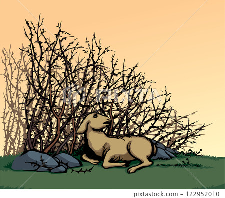 Vector drawing. The sheep got lost in the thorn bushes 122952010