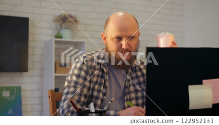 Growing man enhancing skills in home office, growth reflected in continuous learning, growth essential for professional advancement, growth shaping future opportunities, perfect for business videos. 122952131