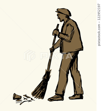 Vector Drawing. Janitor sweeping with a broom 122952197