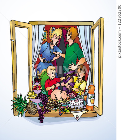 Vector drawing. Unhappy family at home Vector drawing. Unhappy family at home 122952200