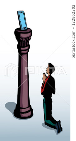 Vector drawing. Adult man worshiping Phone 122952202