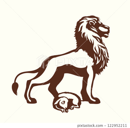 Vector drawing. Lion and lamb walks together Vector drawing. Lion and lamb walks together 122952211