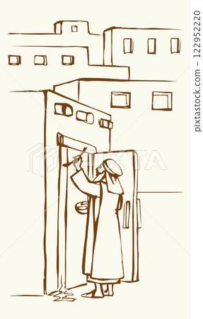 Vector drawing. The family fulfills God's command. Anoints the doorposts with the blood of the lamb Vector drawing. The family fulfills God's command. Anoints the doorposts with the blood of the lamb 122952220