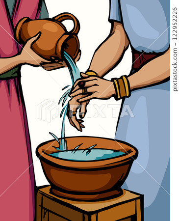 Vector drawing. Pilat washes his gands Vector drawing. Pilat washes his gands 122952226