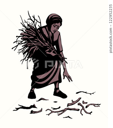 Vector drawing. Woman collecting firewood Vector drawing. Woman collecting firewood 122952235